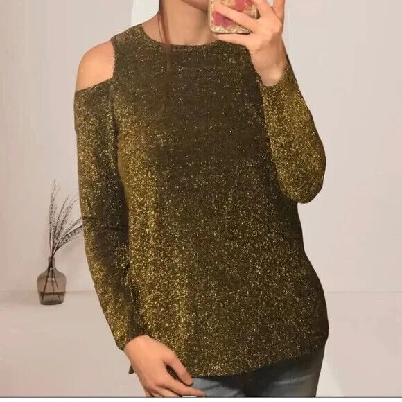 Michael‎ Kors Women's Size Small Cold Shoulder Sweater Blouse Gold Black - Picture 1 of 10